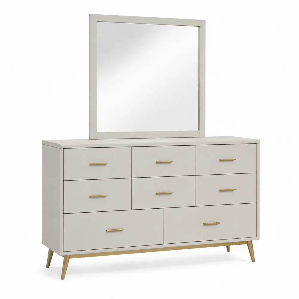 Commode avec miroir rectangulaire 140 x 45 x 155 cm en MDF peint beige avec tiroirs et pieds en acier doré