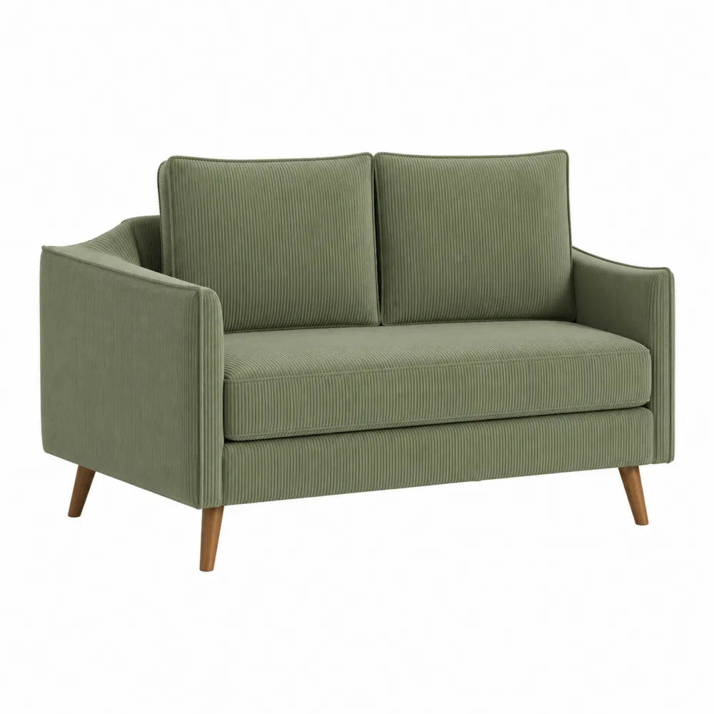 Canapé deux places 140 cm x 76 cm x 82 cm en tissu polyester côtelé vert sauge et pieds en bois massif