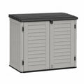 Coffre de rangement extérieur en résine polypropylène gris clair et noir avec double porte frontale et couvercle à ouverture supérieure