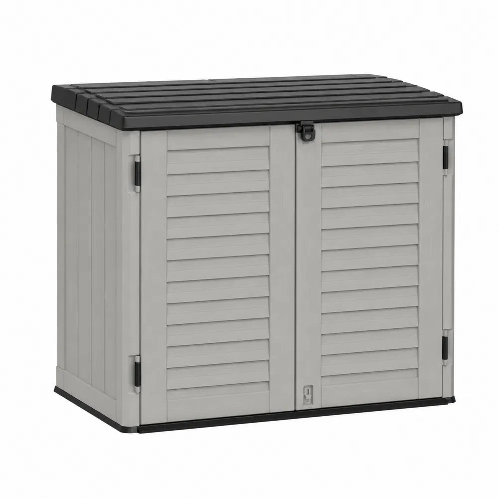 Coffre de rangement extérieur en résine polypropylène gris clair et noir avec double porte frontale et couvercle à ouverture supérieure