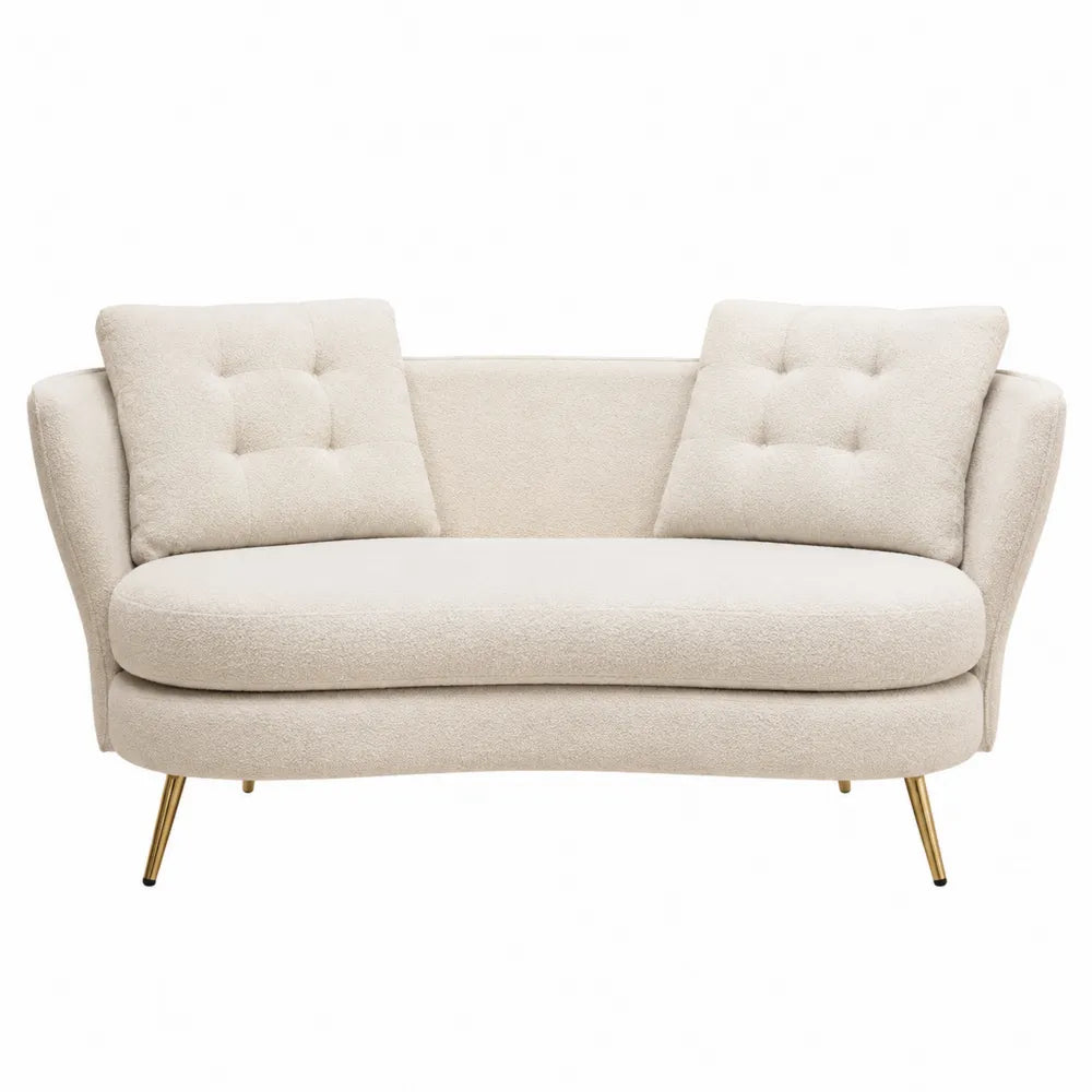 Canapé deux places en polyester bouclé crème pieds en métal doré 160 cm x 75 cm x 78 cm