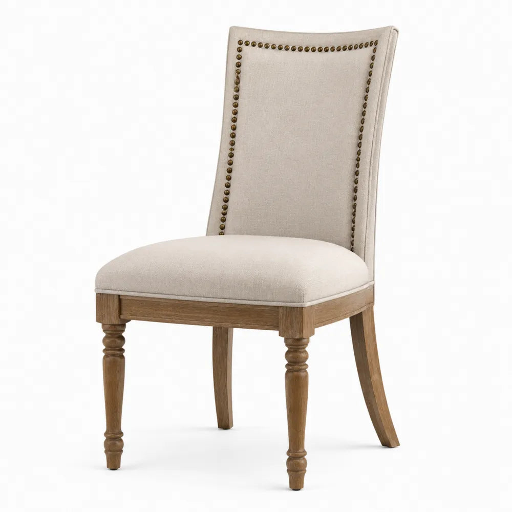 Chaise de salle à manger rembourrée en tissu polyester beige avec clous décoratifs bois d’hévéa chêne naturel 51 cm x 62 cm x 102 cm