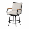 Chaise de bar d’extérieur pivotante avec accoudoirs 60 x 65 x 112 cm acier noir coussins polyester beige et accoudoirs en acacia naturel