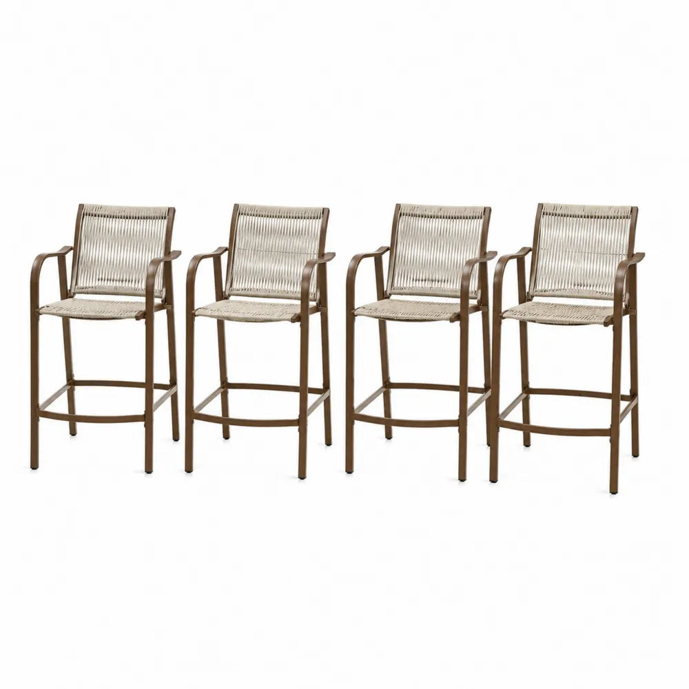 Lot de 4 chaises de bar d’extérieur 56 x 58 x 110 cm en acier marron corde polyester beige avec repose-pieds intégré