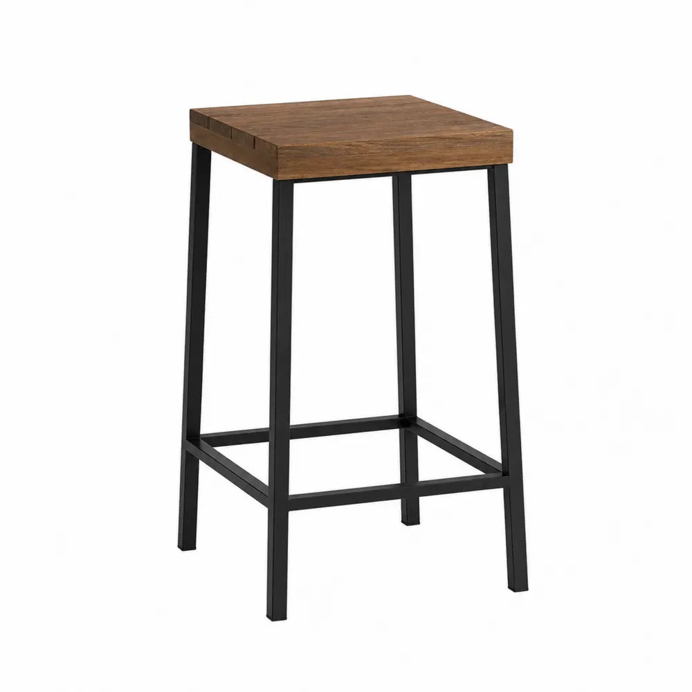 Tabouret de bar d’extérieur carré 40 cm x 40 cm x 75 cm assise en bois d’acacia massif structure en acier noir brun teck