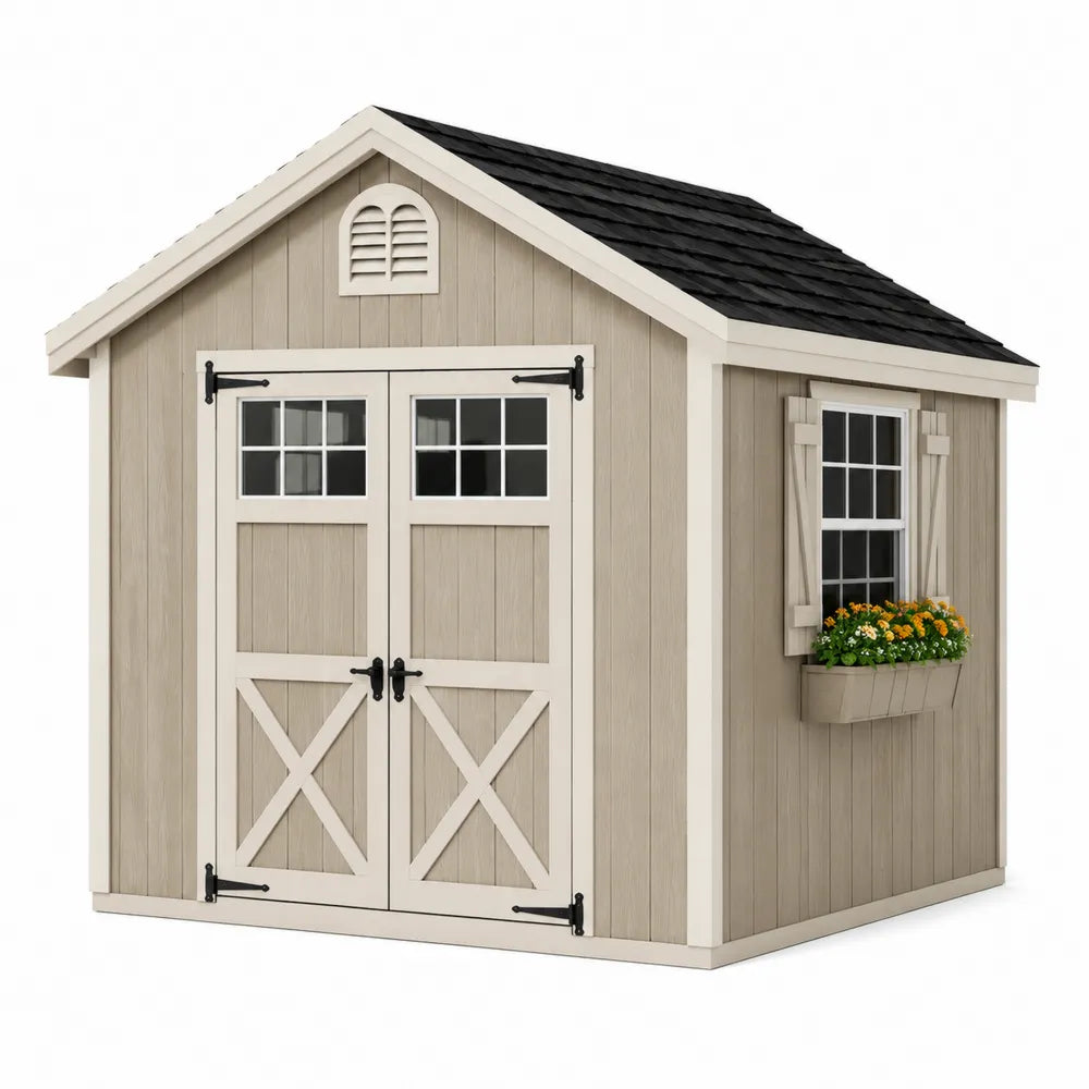 Abri de jardin extérieur en résine polypropylène beige et blanc avec double porte battante et toit à deux pentes 244 cm x 183 cm x 229 cm