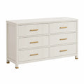 Commode rectangulaire 6 tiroirs 140 x 45 x 80 cm en MDF peint crème poignées acier doré façade rainurée