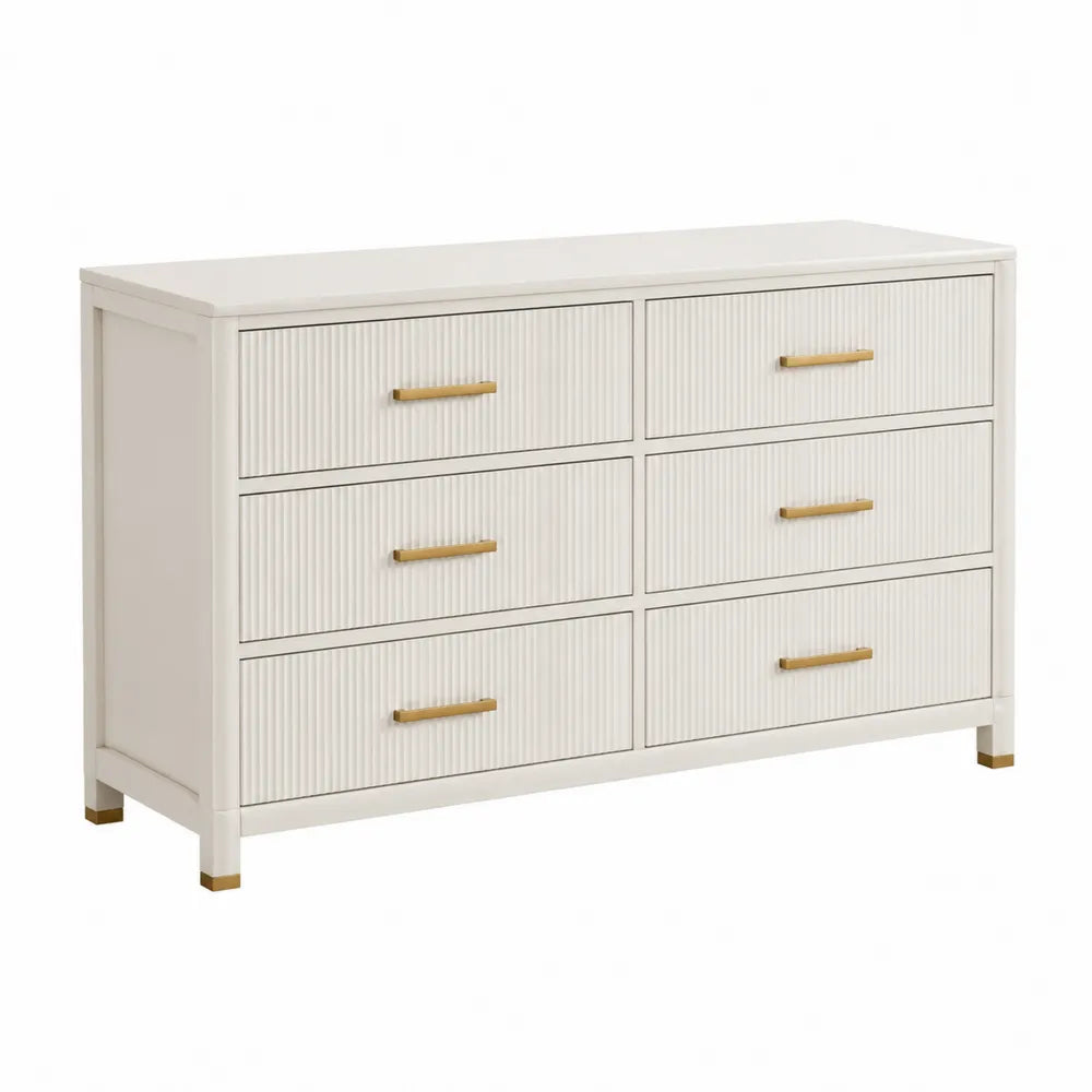 Commode rectangulaire 6 tiroirs 140 x 45 x 80 cm en MDF peint crème poignées acier doré façade rainurée