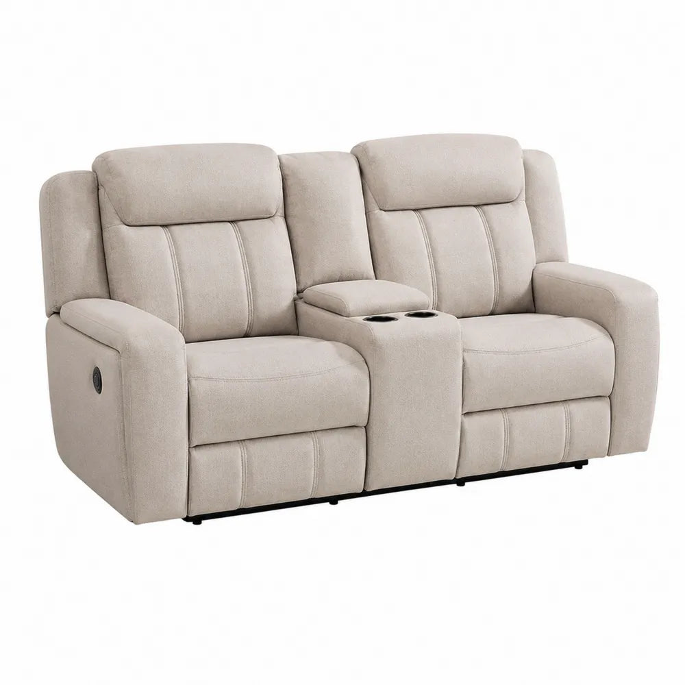 Canapé relax 2 places avec console porte-gobelets tissu beige structure bois et acier 170 cm x 95 cm x 100 cm