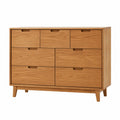 Commode rectangulaire 7 tiroirs en MDF plaqué chêne miel pieds hévéa massif 120 x 40 x 85 cm