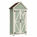 Armoire de jardin extérieure en résine PP avec double porte battante et toit à deux pentes 96 x 65 x 183 cm vert sauge blanc et brun