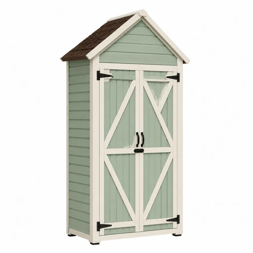 Armoire de jardin extérieure en résine PP avec double porte battante et toit à deux pentes 96 x 65 x 183 cm vert sauge blanc et brun
