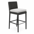 Tabouret de bar avec dossier en corde tressée et coussin d’assise gris pieds en acier noir 48 cm x 56 cm x 105 cm