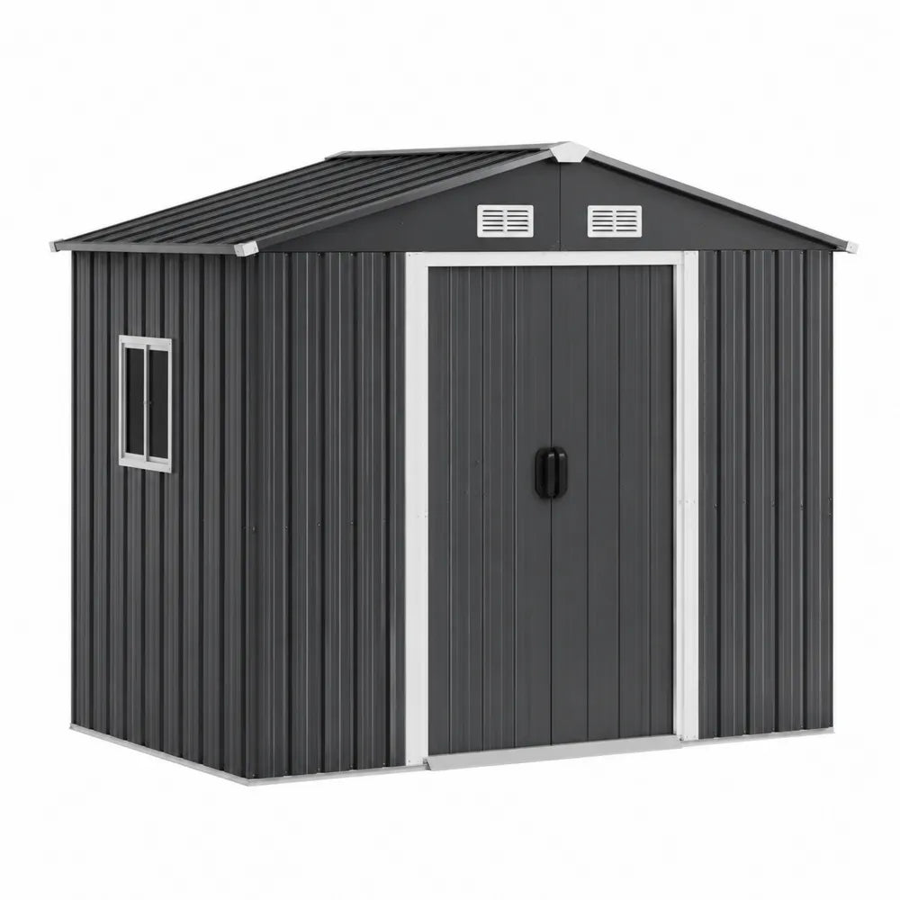 Abri de jardin extérieur en acier galvanisé gris anthracite et blanc avec double porte battante et toit à deux pentes