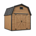 Abri de jardin extérieur en acier galvanisé et finition aspect bois naturel et noir avec double porte battante et ventilation