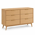 Commode rectangulaire 6 tiroirs en MDF décor chêne naturel avec poignées dorées 120 x 45 x 80 cm