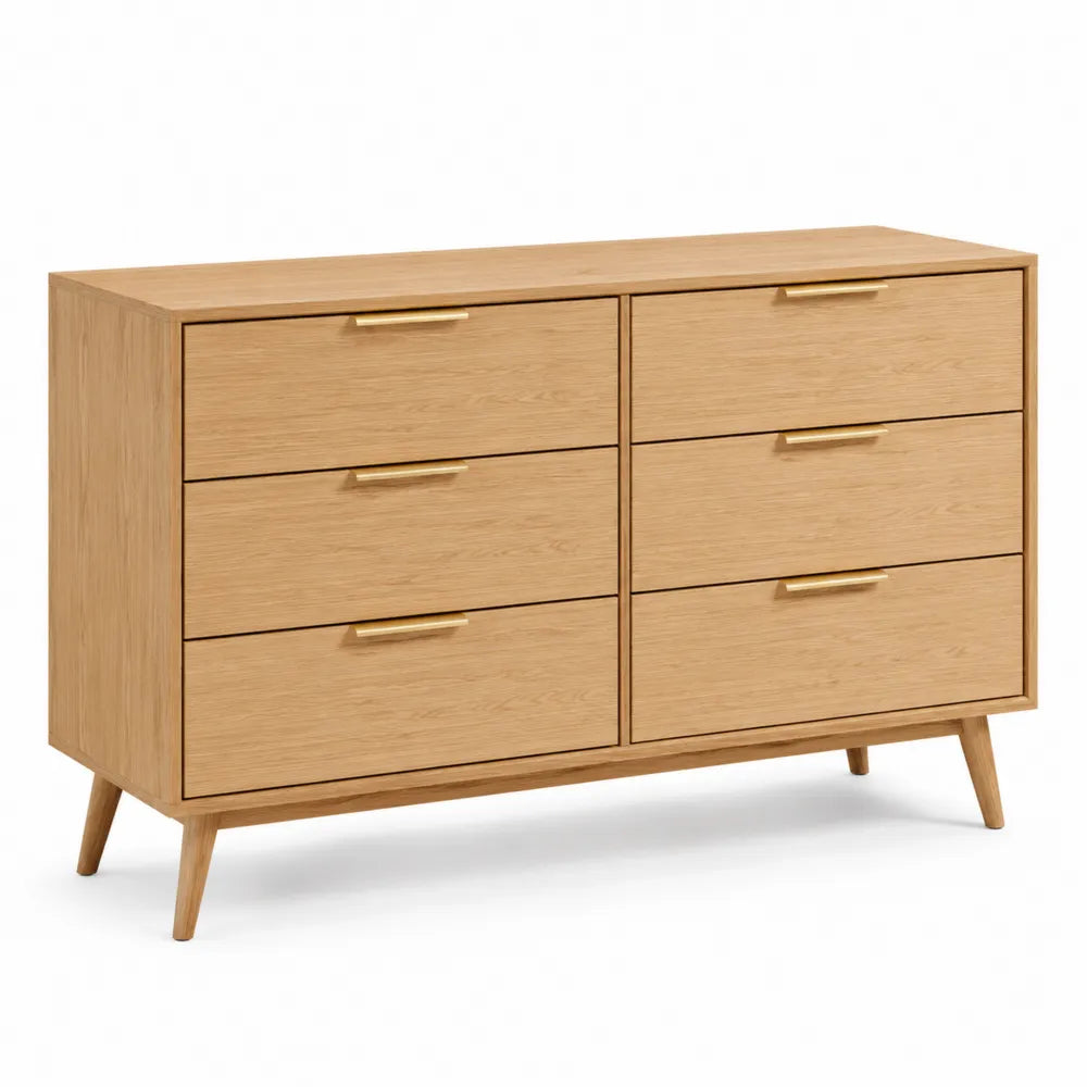 Commode rectangulaire 6 tiroirs en MDF décor chêne naturel avec poignées dorées 120 x 45 x 80 cm